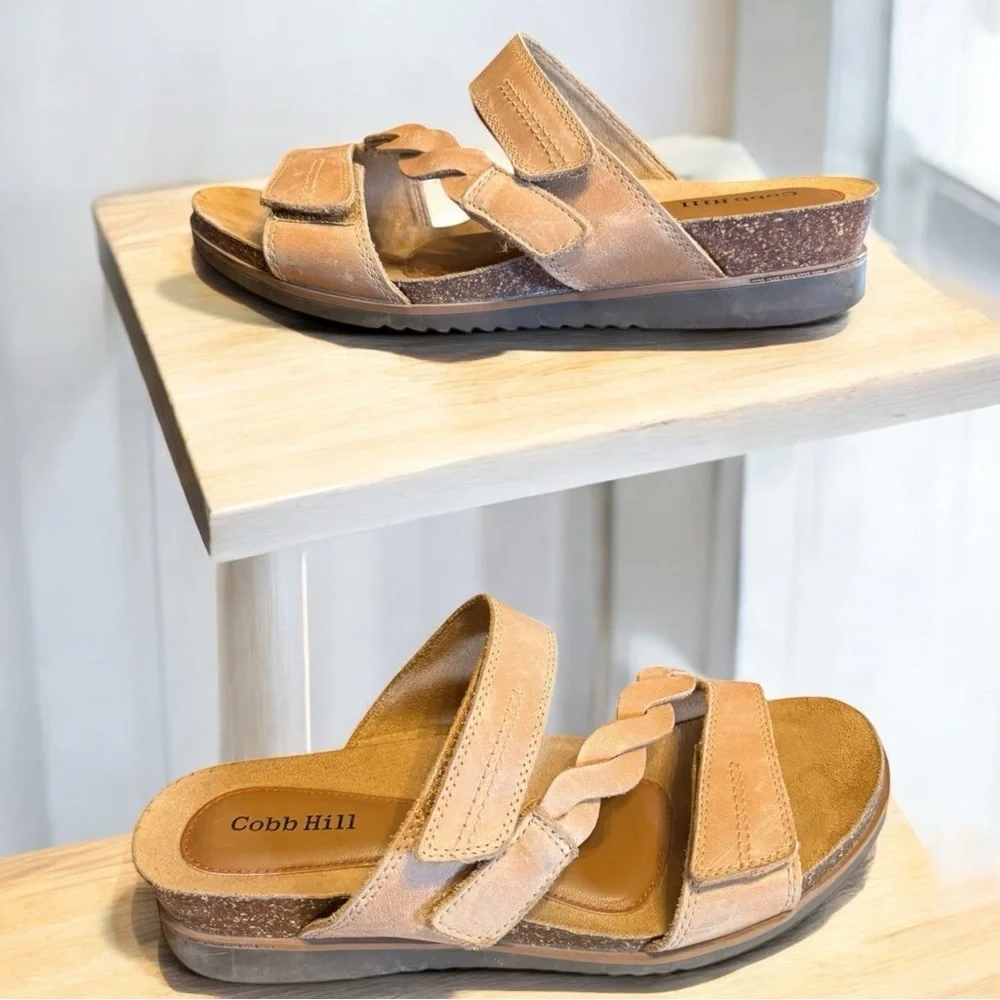 Cobb Hill Women’s Neutral Tan Leather Slide In Hook Loop Closure Comfort Sandals
